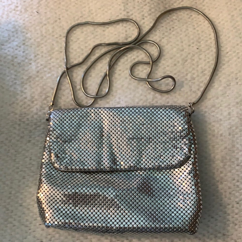 Valerie Stevens shiny silver cross body bag.